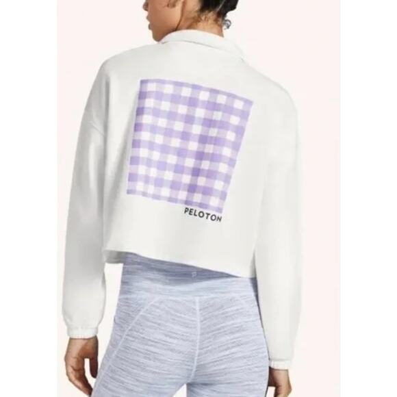 Peloton Gingham Logo Cropped Polo Sweatshirt White Purple L - Picture 3 of 10